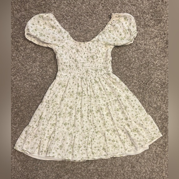 Aeropostale White & Green Floral Smocked Mini Dress | Puff Sleeve Cottagecore - Picture 4 of 9